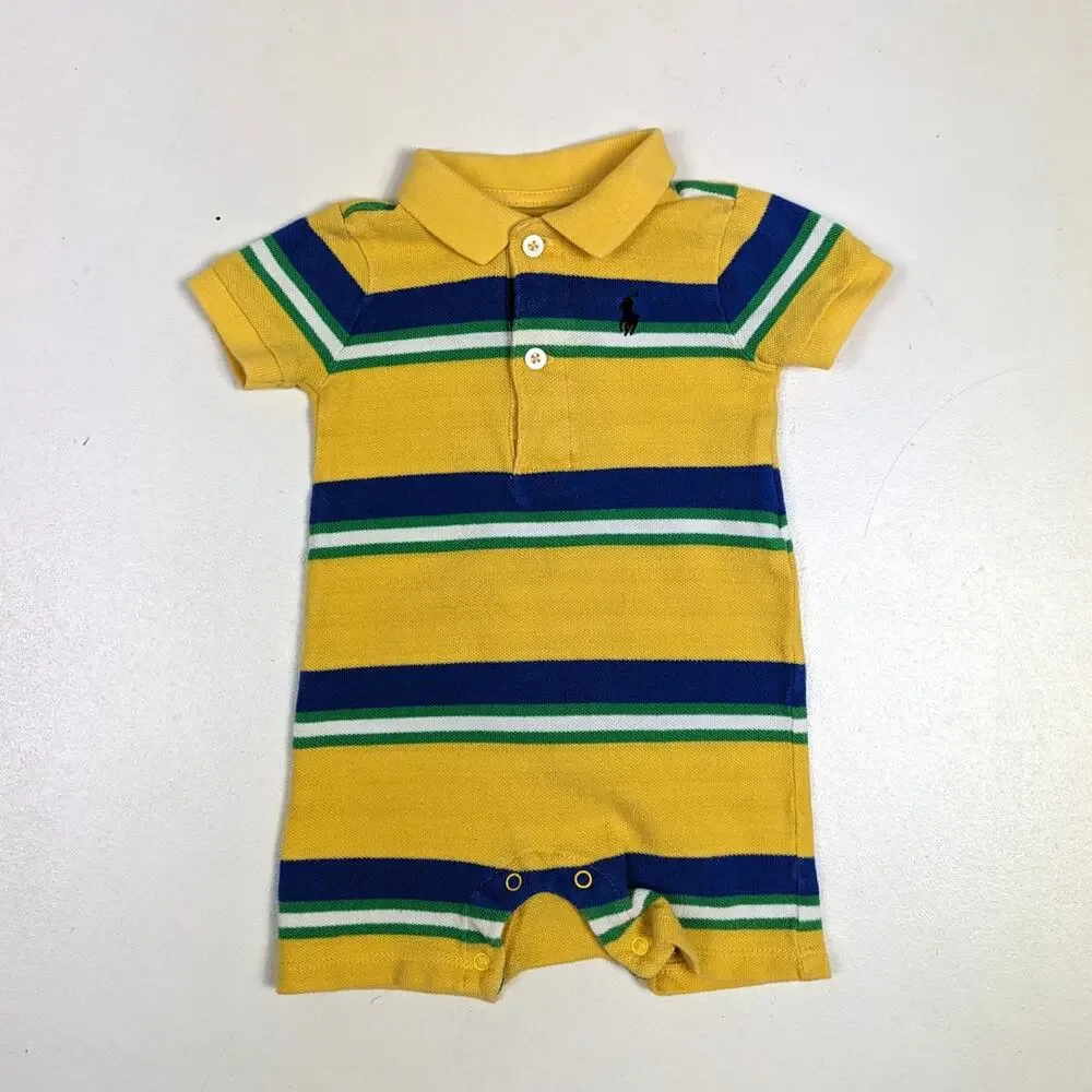 Ralph Lauren Romper Baby Boys Sz 3m Yellow Polo Stripe Outfit Preppy Classic